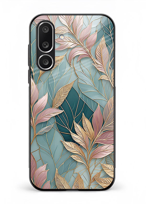 Teal leaf artwork on Samsung M36 5G glass back cover with cool natural detailing.