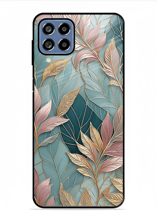 Teal leaf artwork on Samsung M53 5G glass back cover with cool natural detailing.