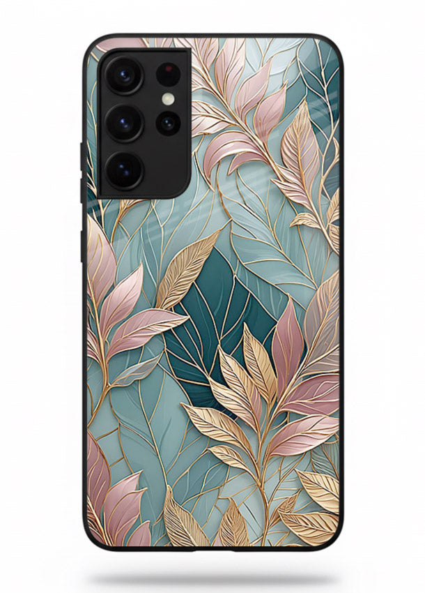 Teal leaf artwork on Samsung S21 Ultra glass back cover with cool natural detailing.