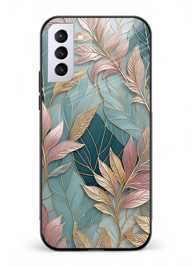 Teal leaf artwork on Samsung S21 Plus glass back cover with cool natural detailing.