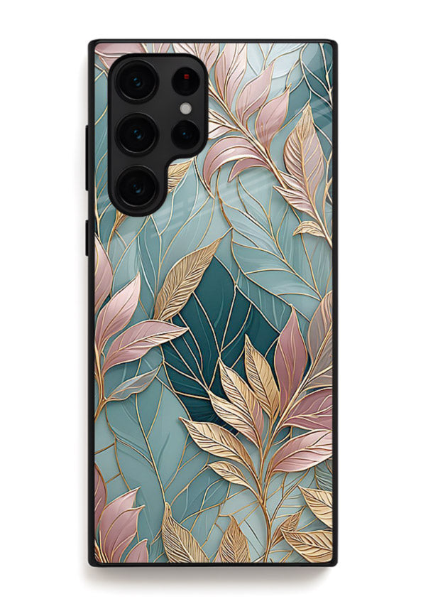 Teal leaf artwork on Samsung S25 Ultra glass back cover with cool natural detailing.
