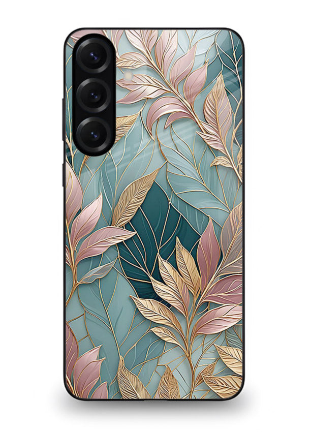 Teal leaf artwork on Samsung M35 5G glass back cover with cool natural detailing.