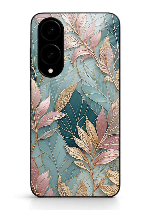 Teal leaf artwork on Samsung S25 Edge glass back cover with cool natural detailing.