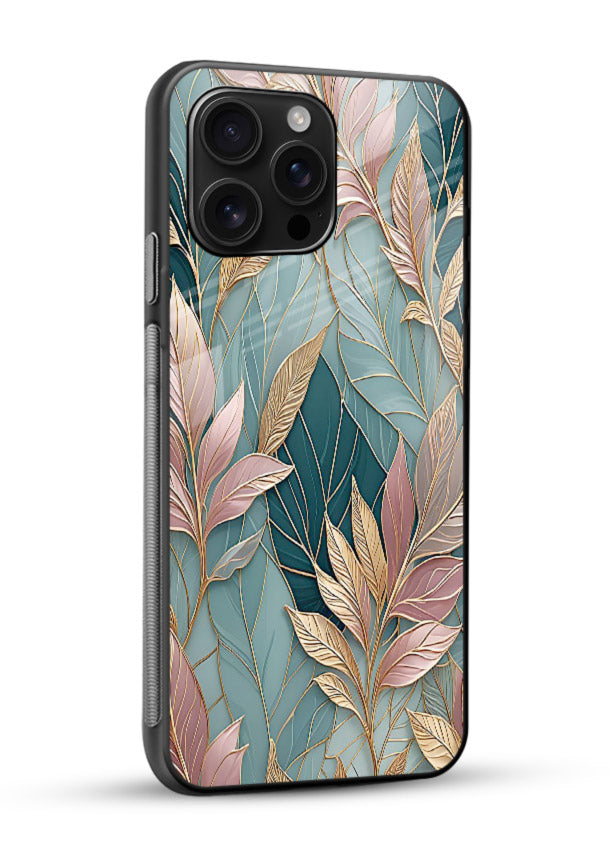 Teal leaf artwork on glossy vibrant premium glass back cover with cool natural detailing. - Angle Side