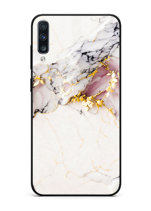 TealGold Vein Flow Samsung A50 glass back cover with teal marble and gold accents