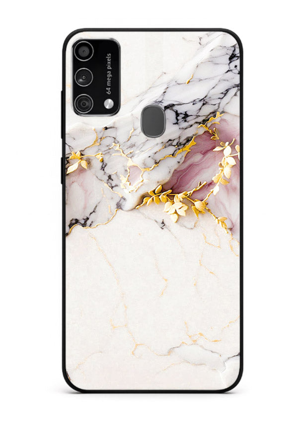 TealGold Vein Flow Samsung F41 glass back cover with teal marble and gold accents