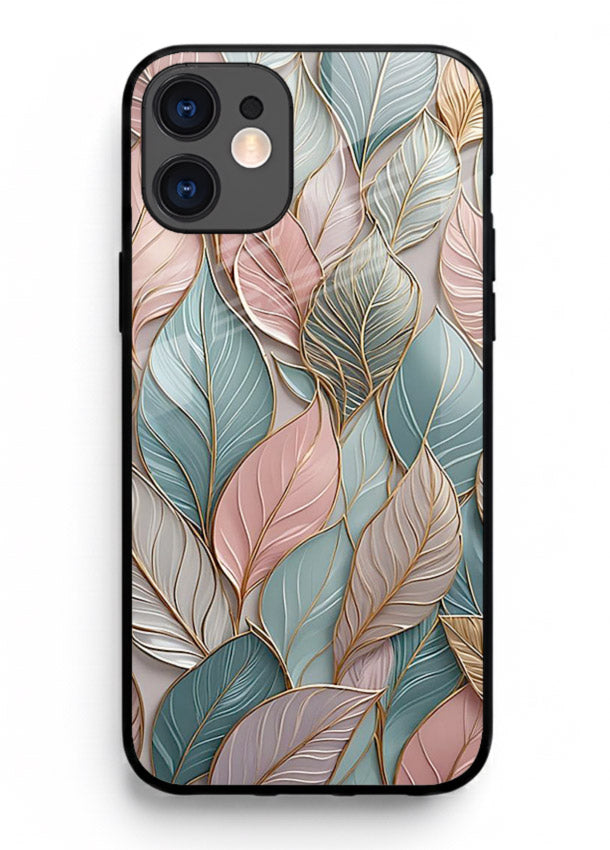 Pastel leaf artwork on iphone 12 mini glass back cover with soft watercolor texture.