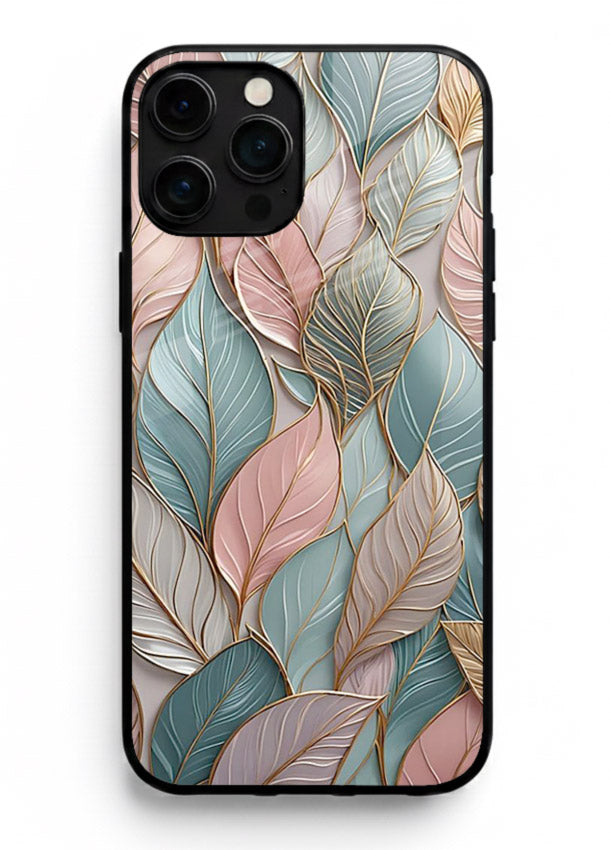 Pastel leaf artwork on iphone 14 pro max glass back cover with soft watercolor texture.