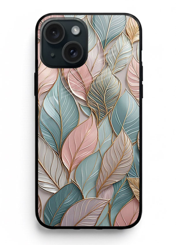 Pastel leaf artwork on iphone 15 glass back cover with soft watercolor texture.