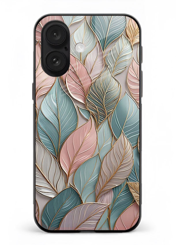 Pastel leaf artwork on iphone 16 glass back cover with soft watercolor texture.