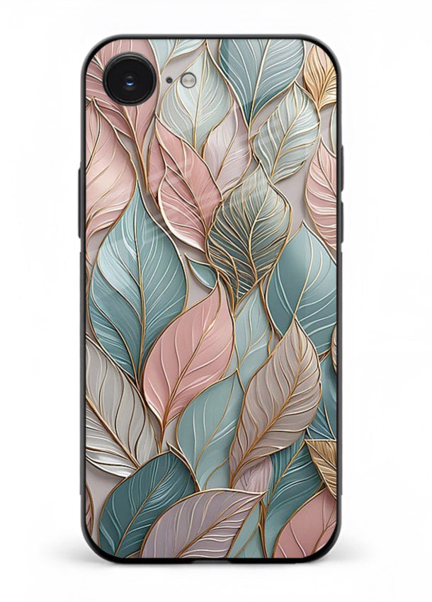 Pastel leaf artwork on iphone 16e glass back cover with soft watercolor texture.