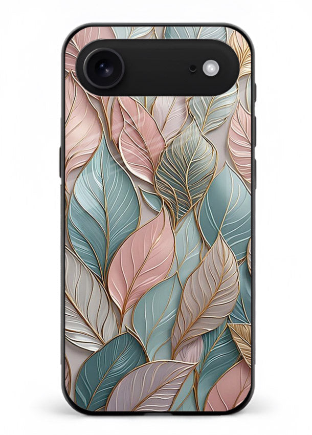 Pastel leaf artwork on iphone 18 air glass back cover with soft watercolor texture.