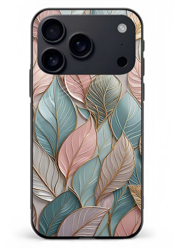 Pastel leaf artwork on iphone 17 pro max glass back cover with soft watercolor texture.