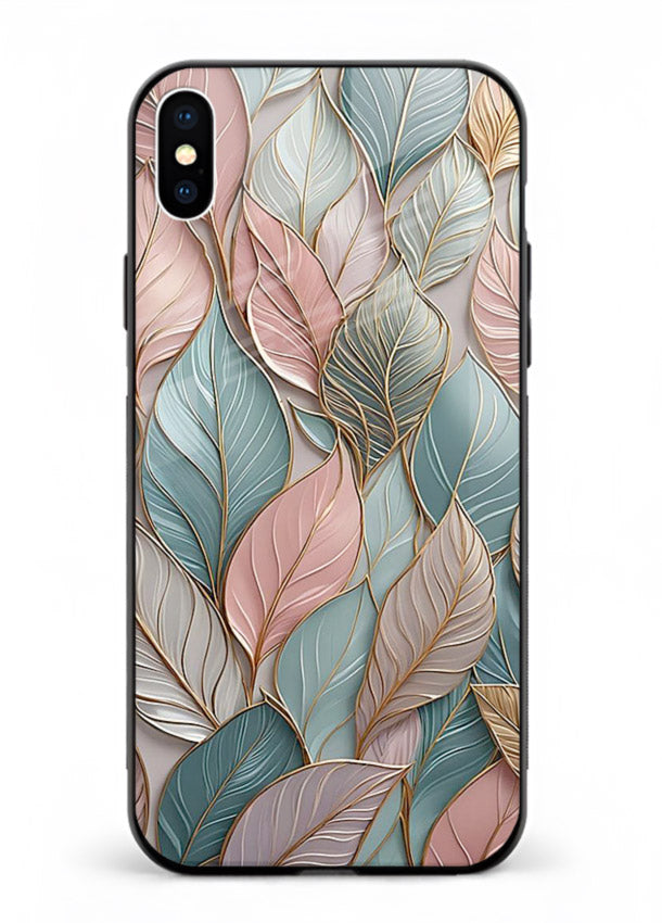 Pastel leaf artwork on iphone xs max glass back cover with soft watercolor texture.