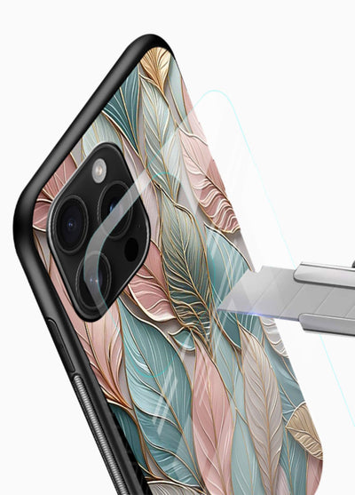 Pastel leaf artwork on glossy vibrant premium glass back cover with soft watercolor texture. - Angle Blade