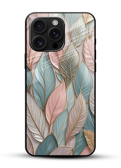 Pastel leaf artwork on glossy vibrant premium glass back cover with soft watercolor texture. - Angle Front