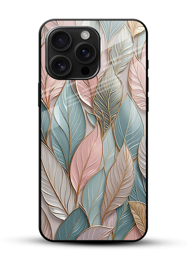 Pastel leaf artwork on glossy vibrant premium glass back cover with soft watercolor texture. - Angle Front
