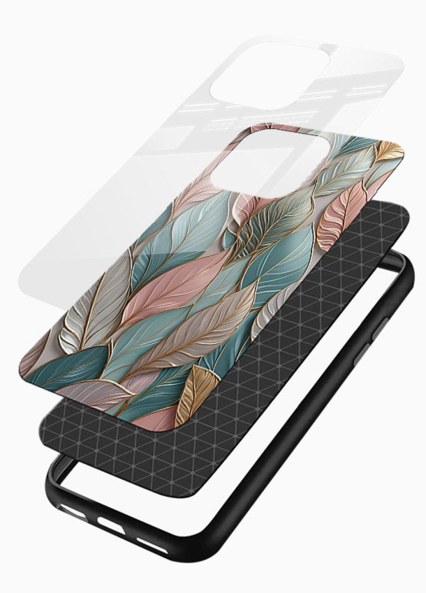 Pastel leaf artwork on glossy vibrant premium glass back cover with soft watercolor texture. - Angle Layers