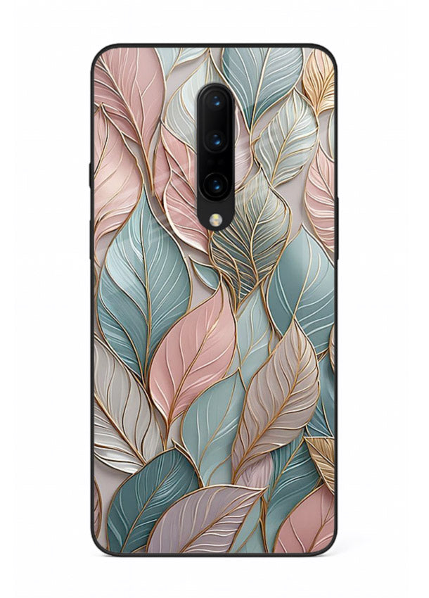 Pastel leaf artwork on OnePlus 8 glass back cover with soft watercolor texture.