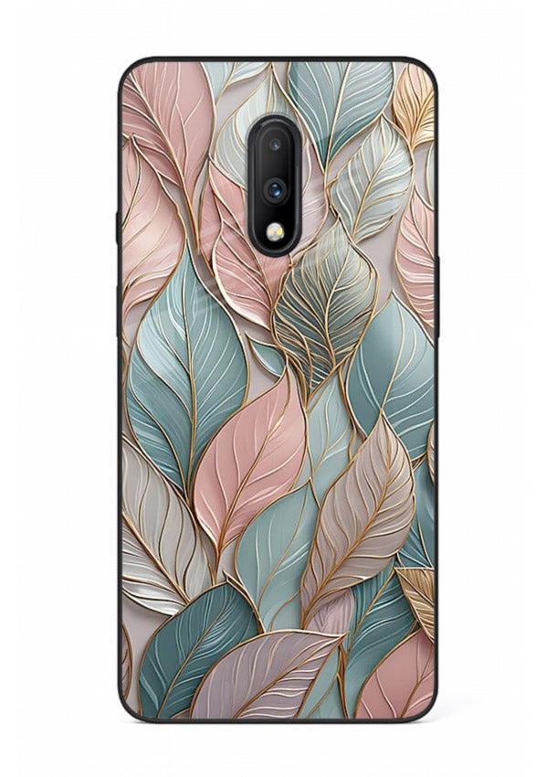 Pastel leaf artwork on OnePlus 7 glass back cover with soft watercolor texture.