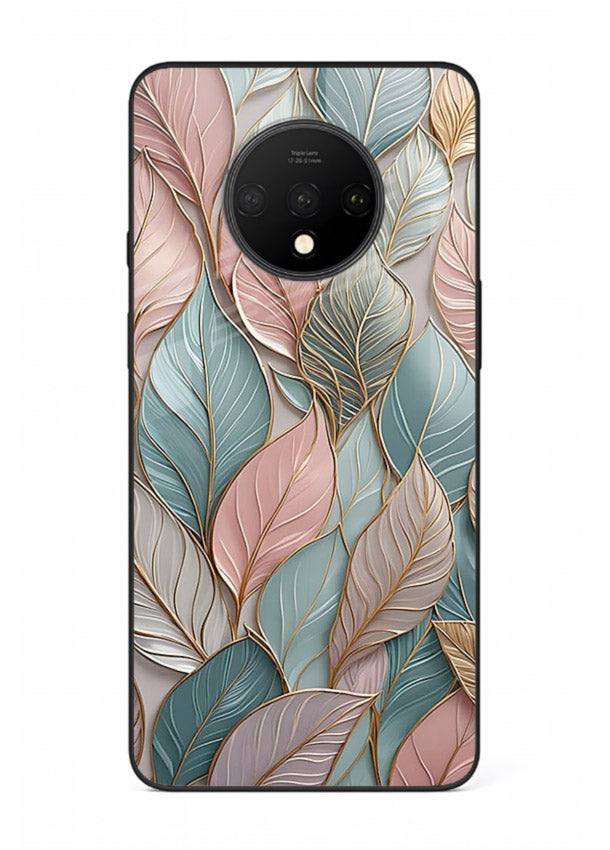 Pastel leaf artwork on OnePlus 7T glass back cover with soft watercolor texture.