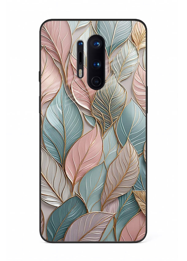 Pastel leaf artwork on OnePlus 8 Pro glass back cover with soft watercolor texture.