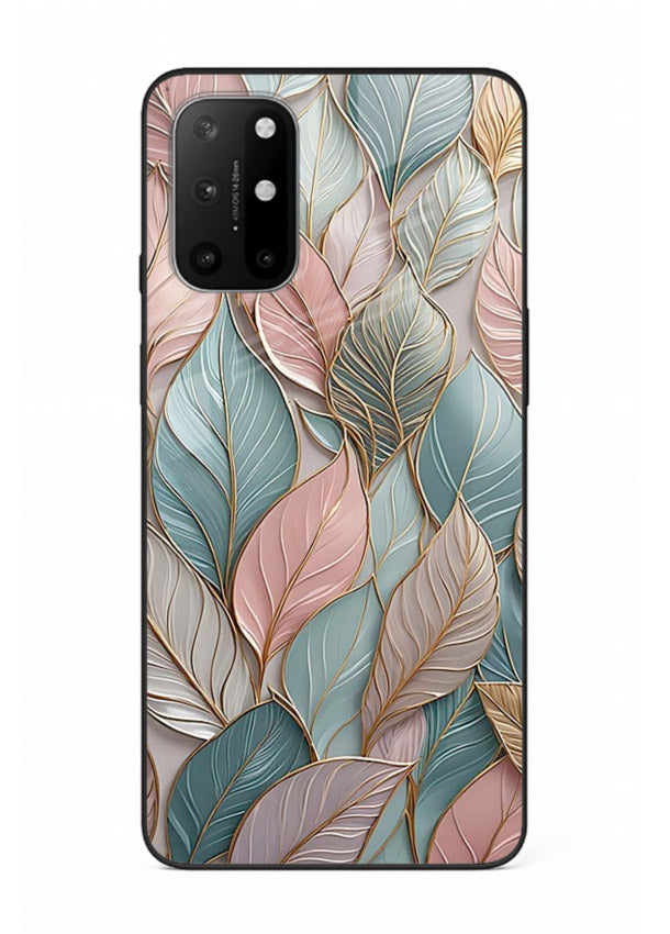 Pastel leaf artwork on OnePlus 8T glass back cover with soft watercolor texture.