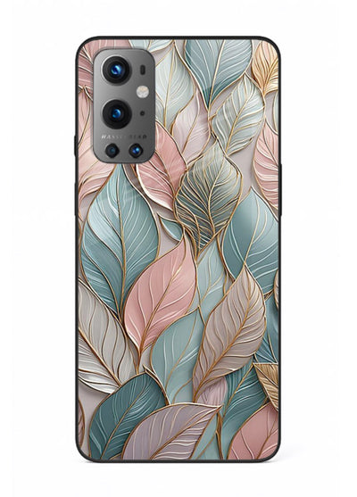 Pastel leaf artwork on OnePlus 9 glass back cover with soft watercolor texture.