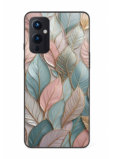 Pastel leaf artwork on OnePlus 9 Pro glass back cover with soft watercolor texture.