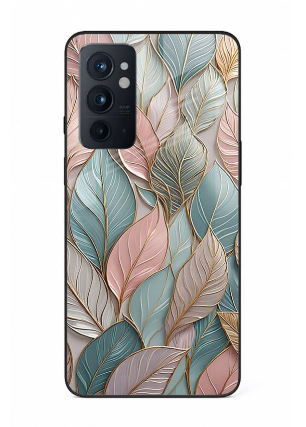 Pastel leaf artwork on OnePlus 9RT glass back cover with soft watercolor texture.