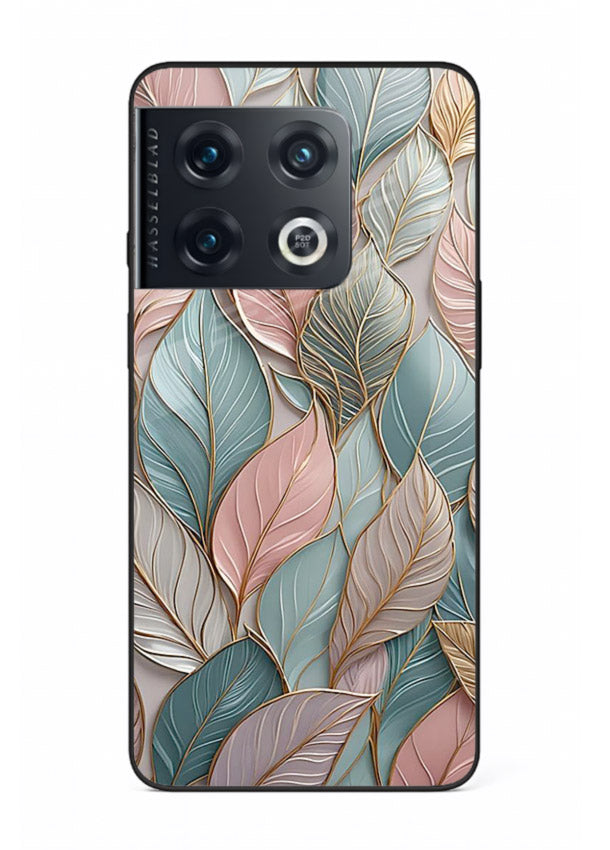 Pastel leaf artwork on OnePlus 10 Pro glass back cover with soft watercolor texture.