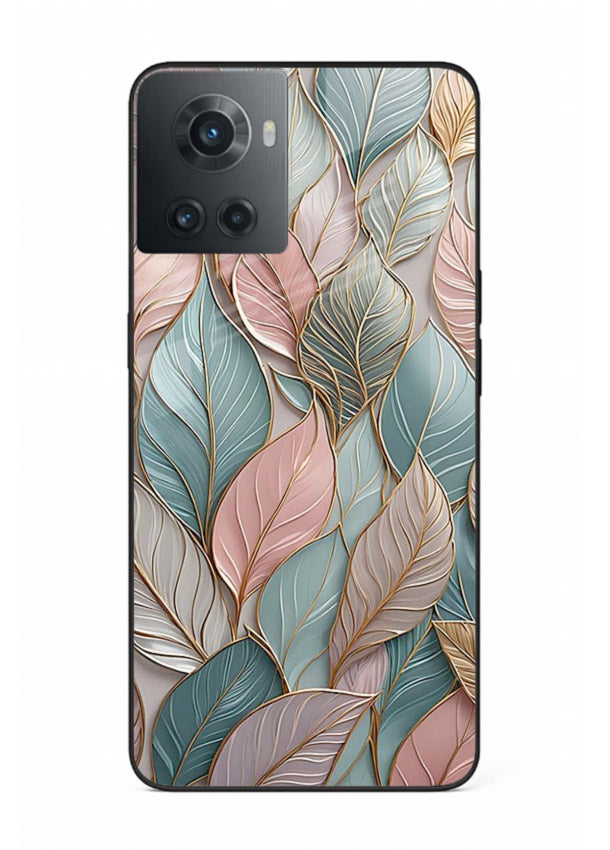 Pastel leaf artwork on OnePlus 10R glass back cover with soft watercolor texture.