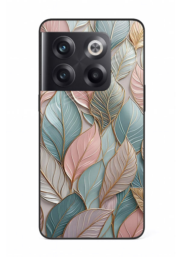 Pastel leaf artwork on OnePlus 10T glass back cover with soft watercolor texture.