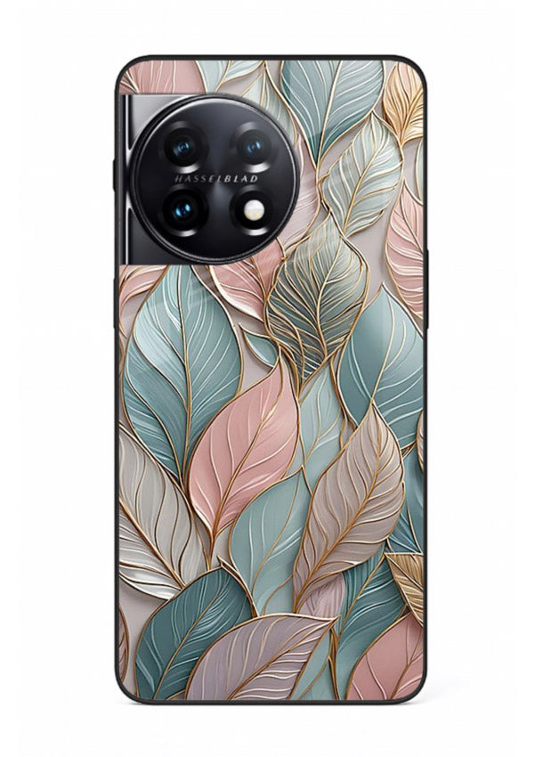 Pastel leaf artwork on OnePlus 11R glass back cover with soft watercolor texture.