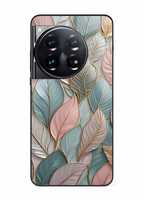 Pastel leaf artwork on OnePlus 12 glass back cover with soft watercolor texture.