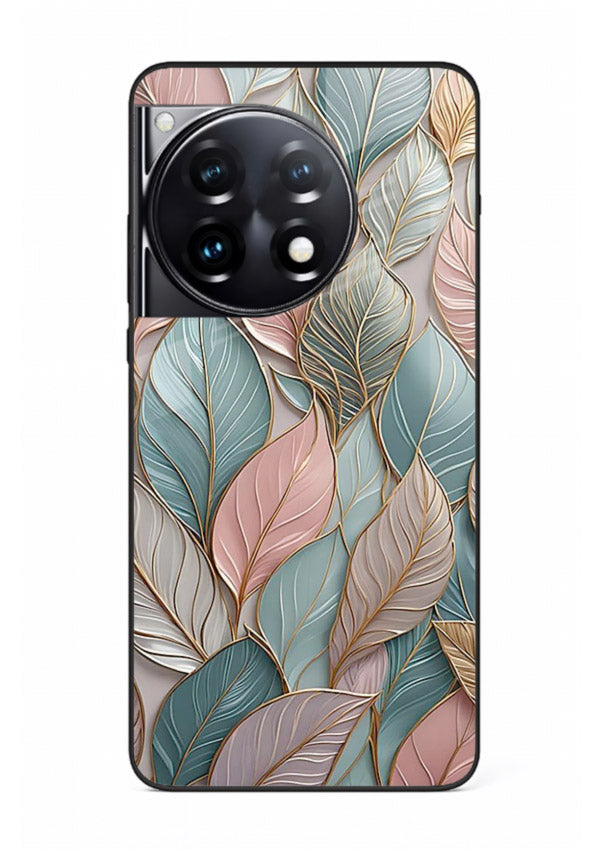 Pastel leaf artwork on OnePlus 12R glass back cover with soft watercolor texture.