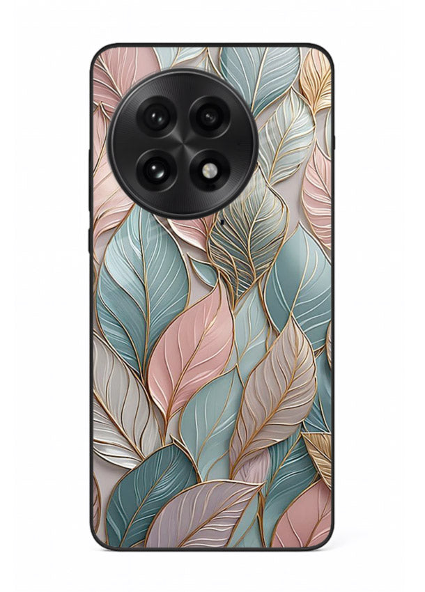 Pastel leaf artwork on OnePlus 13R glass back cover with soft watercolor texture.