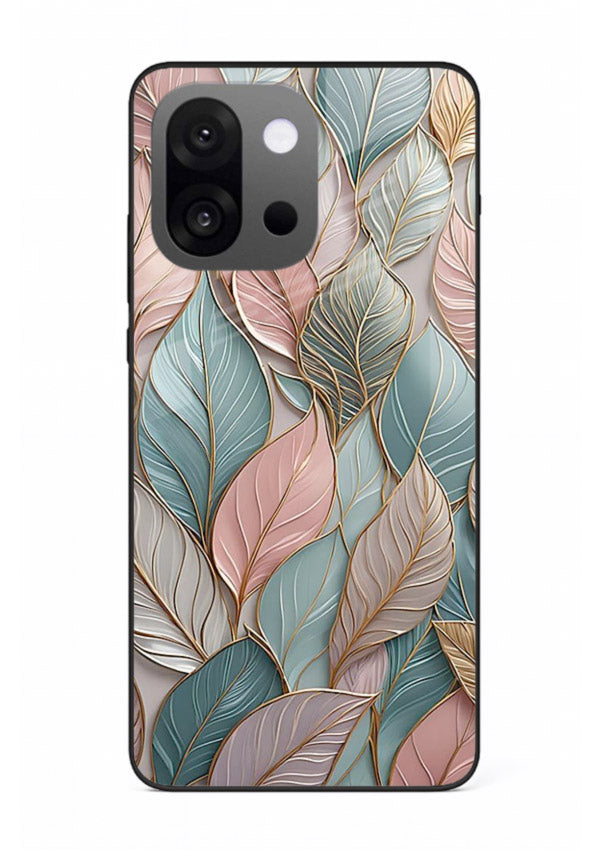 Pastel leaf artwork on OnePlus 13s glass back cover with soft watercolor texture.