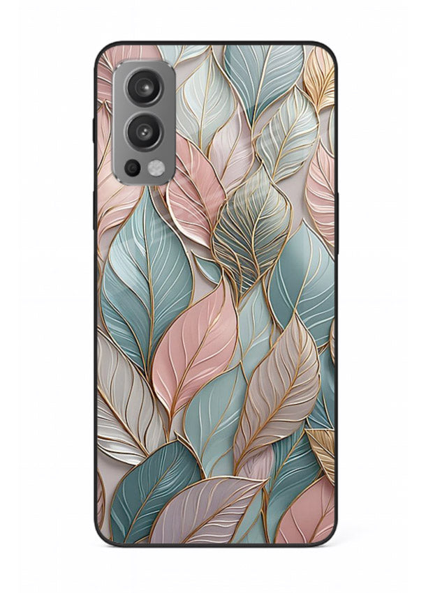Pastel leaf artwork on OnePlus Nord 2 glass back cover with soft watercolor texture.