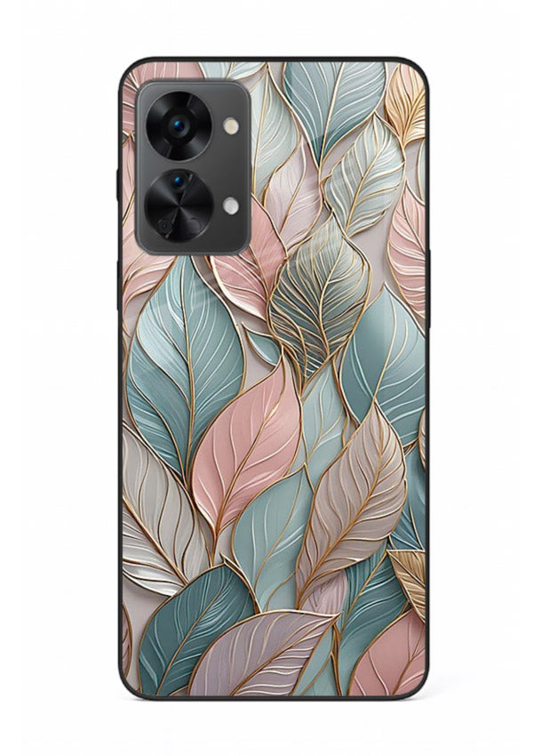 Pastel leaf artwork on OnePlus Nord 2T glass back cover with soft watercolor texture.