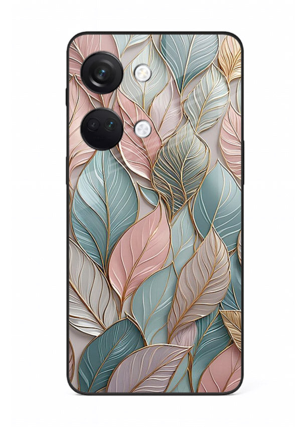 Pastel leaf artwork on OnePlus Nord 3 glass back cover with soft watercolor texture.