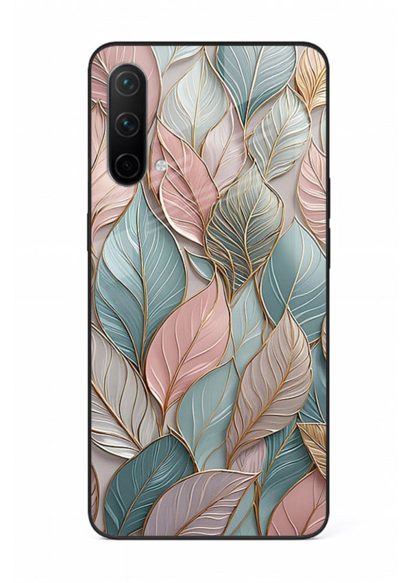 Pastel leaf artwork on OnePlus Nord CE 5G glass back cover with soft watercolor texture.