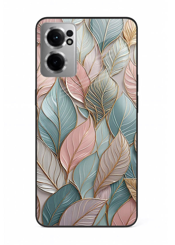 Pastel leaf artwork on OnePlus Nord CE2 5G glass back cover with soft watercolor texture.