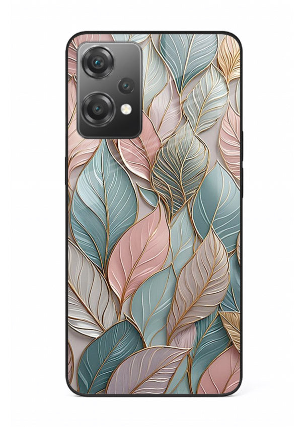 Pastel leaf artwork on OnePlus Nord CE2 Lite 5G glass back cover with soft watercolor texture.