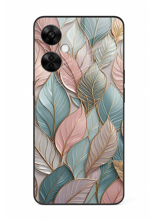 Pastel leaf artwork on OnePlus Nord CE3 Lite glass back cover with soft watercolor texture.