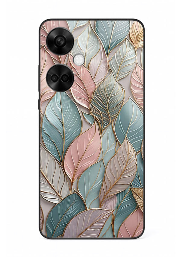 Pastel leaf artwork on OnePlus Nord CE3 glass back cover with soft watercolor texture.