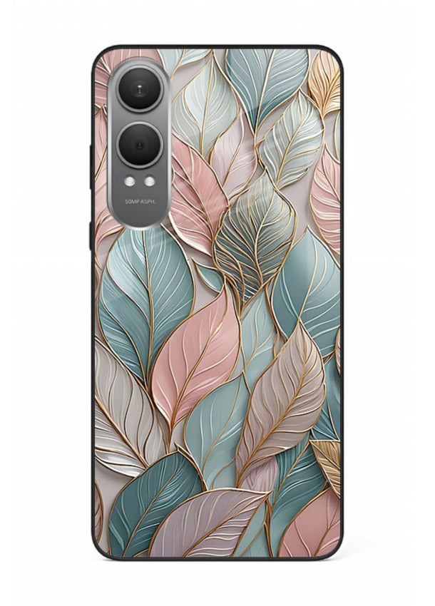 Pastel leaf artwork on OnePlus Nord CE4 Lite glass back cover with soft watercolor texture.
