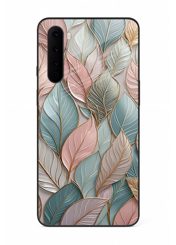 Pastel leaf artwork on OnePlus Nord glass back cover with soft watercolor texture.