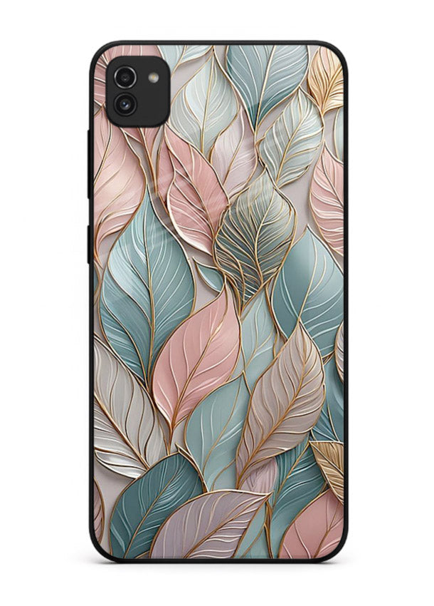 Pastel leaf artwork on Samsung A03 glass back cover with soft watercolor texture.