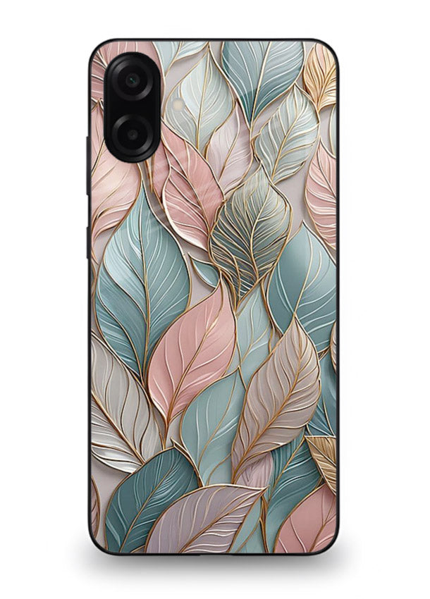 Pastel leaf artwork on Samsung A07 4G glass back cover with soft watercolor texture.